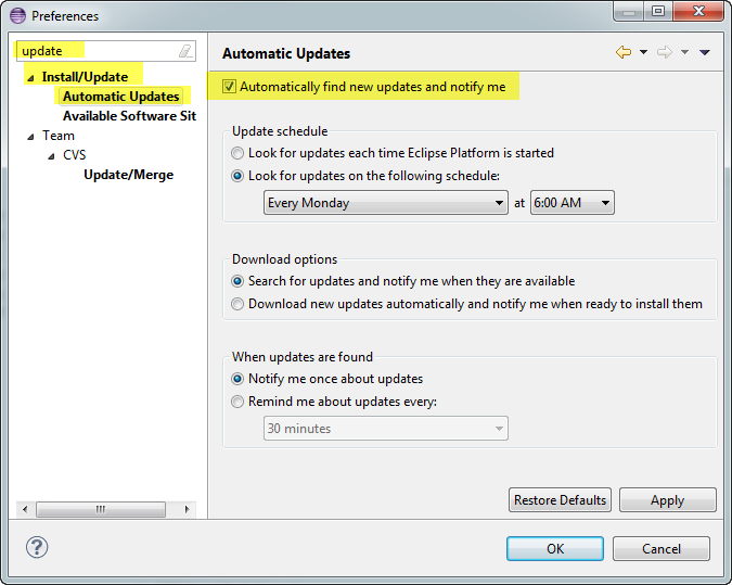 Eclipse preference setting for auto updating